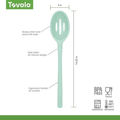Tovolo Flex Core Silicone Slotted Deep Spoon for Cooking Mixing Baking, Dishwasher Safe BPA Free All Silicone Kitchen Utensil Heat Resistant Nonstick Safe Slotted Serving Spoon, Aqua Seafoam Green