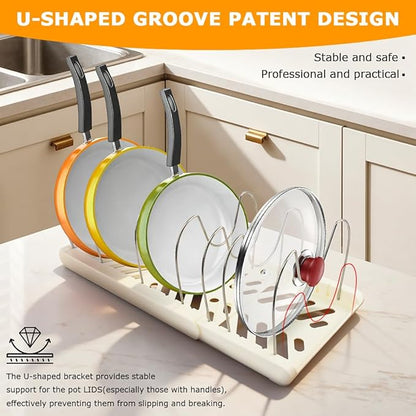 Expandable Pot and Pan Organizer Rack for Kitchen Cabinet or Under Sink,with 10 Adjustable Compartment 13"-23" Adjustable Length for Lids Bakeware Frying Rack and Cookware(COLOR:White)