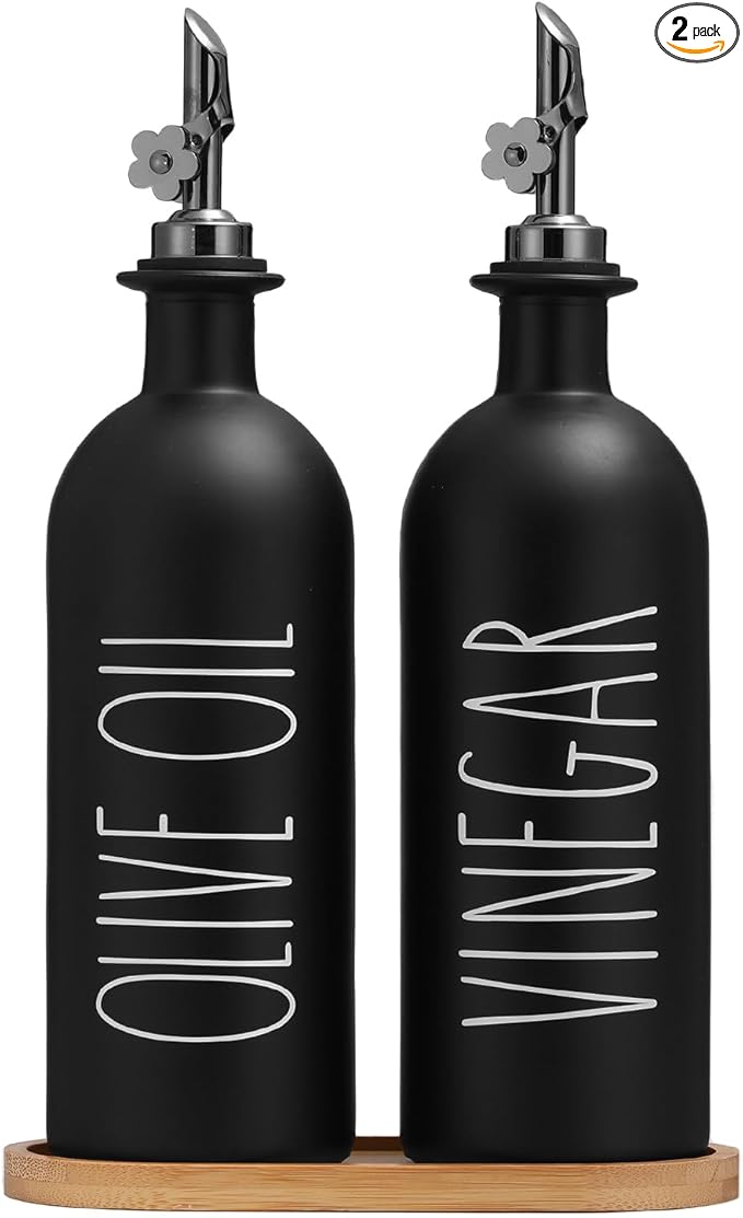 HOMCDALY 16oz Olive Oil Dispenser Bottles for Kitchen, Glass Black Oil&Vinegar Dispenser Set, Kitchen Olive Oil Bottles with Bamboo Tray| Set of 2 (16oz-P-Black) by HOME
