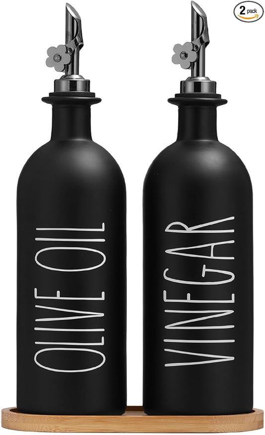 HOMCDALY 16oz Olive Oil Dispenser Bottles for Kitchen, Glass Black Oil&Vinegar Dispenser Set, Kitchen Olive Oil Bottles with Bamboo Tray| Set of 2 (16oz-P-Black) by HOME