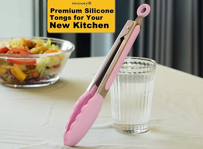 HINMAY Serving Tongs with Silicone Tips 9 Inches Stainless Steel Food Tongs, Set of 3 (Pink) - Image 5