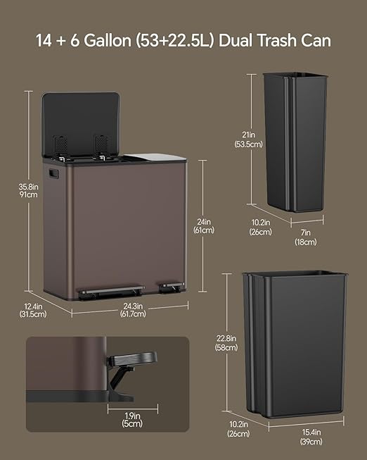 Lovewind Dual Trash and Recycling Bins for Kitchen, 13+6 Gallon Stainless Steel Garbage and Recycle Bin Combo for Large Families, Dual Trash Can with Soft Close Lid & Magnetic Stickers, Brown - Image 2