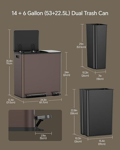 Lovewind Dual Trash and Recycling Bins for Kitchen, 13+6 Gallon Stainless Steel Garbage and Recycle Bin Combo for Large Families, Dual Trash Can with Soft Close Lid & Magnetic Stickers, Brown - Image 2