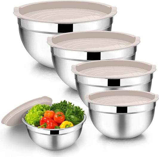 TeamFar Mixing Bowls with Lids, 5-Piece Stainless Steel Metal Nesting Salad Bowl for Mixing Prepping, Healthy & Heavy Duty, Airtight Lids & Dishwasher Safe, 4.5/3/1.5/1/0.7 QT-Khaki by TeamFar