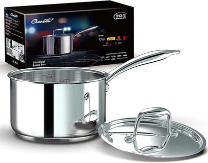 Ciwete 3 Qt Saucepan with Lid - Upgraded Package - 3 Quart 18/10 Stainless Steel Sauce Pan with Mirror Polishing and 2 Sacles, Induction Cookware, Small Pot for Cooking, Dishwasher Safe Oven Safe by Ciwete