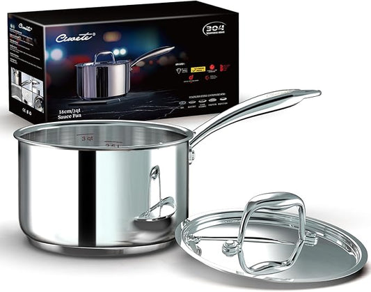 Ciwete 3 Qt Saucepan with Lid - Upgraded Package - 3 Quart 18/10 Stainless Steel Sauce Pan with Mirror Polishing and 2 Sacles, Induction Cookware, Small Pot for Cooking, Dishwasher Safe Oven Safe by Ciwete
