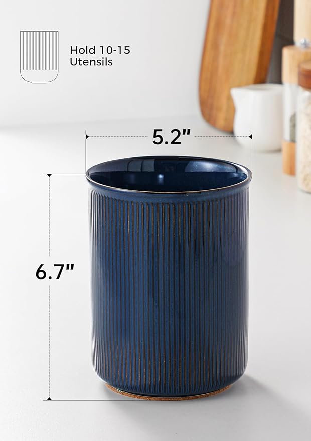 LoeJan Utensil Holder, Extra Large Utensil Crock, Stable Ceramic Utensil Organizer, Cooking Tool Organizer Set for Kitchen Counter Farmhouse Décor, Flambe Blue - Image 2