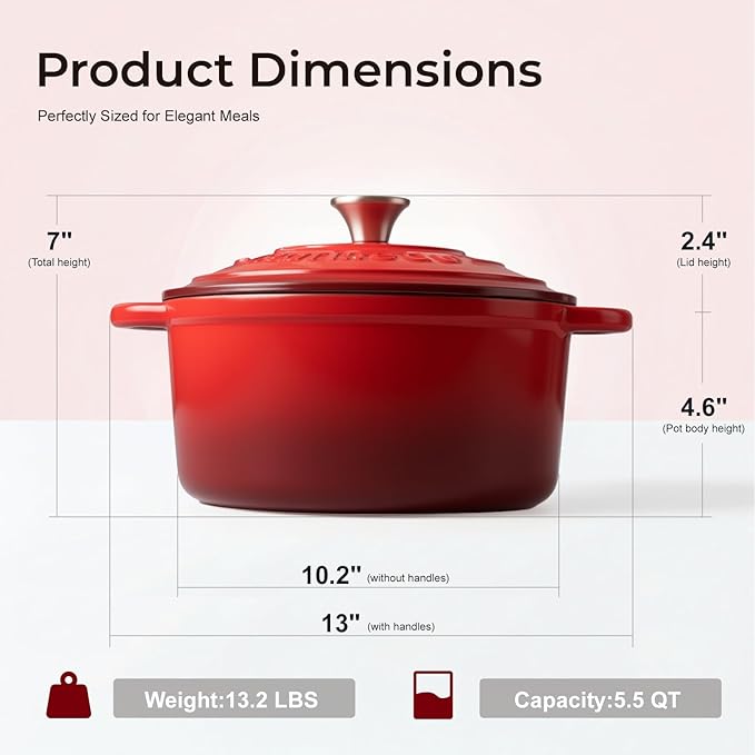 Parmedu 5.5QT Enameled Cast Iron Dutch Oven for Sourdough Bread Baking, Easy Cleaning, Versatile for Stewing, Roasting, Braised Chicken, Soup & More - Image 5