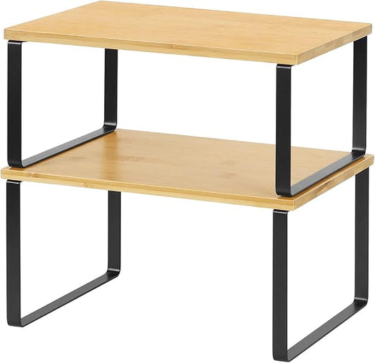 NEX Kitchen Cabinet and Counter Shelf Organizer, Stackable & Expandable, Black and Natural