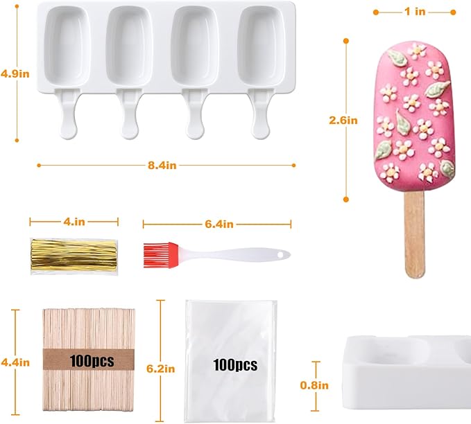 Juome Cake Pop Mold Kit, 8 Cavities Small Cakesicle Molds Silicone with 100 Wooden Sticks & 100 Packaging Bags with Ties, Cake Pop Maker Supplies Accessories, Baking Tools for Home Baking Desserts - Image 2