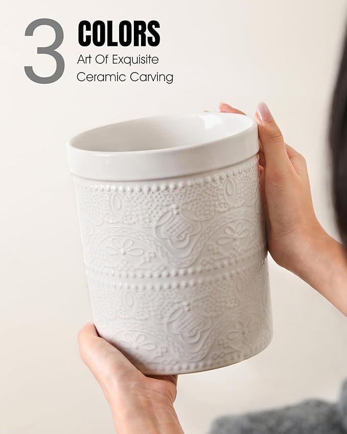 FUN ELEMENTS Kitchen Utensil Holder, 7.2+5.5" Super Large Utensil Crock Heavy and Stable Lace Emboss Ceramic Utensil Holder for Kitchen Counter(2Pcs Bright White) - Image 4