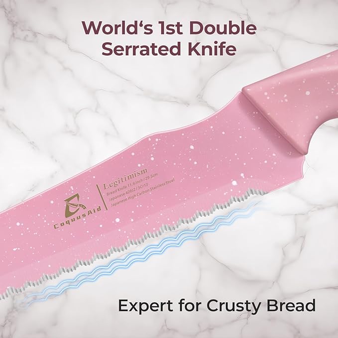 CoquusAid Upgrade Bread Knife for Homemade Bread, World‘s 1st Double Serrated Knife for Crusty Sourdough, 11.6 Inch Stainless Steel Bread Slicer, Professional Sourdough Cutter, Ideal for Gift, Pink - Image 2