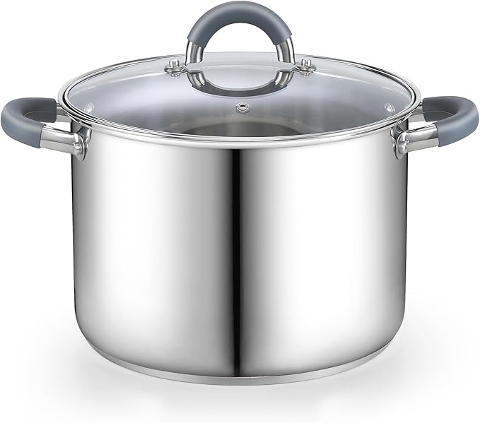 Cook N Home Stock Pot with Lid, 12-Quart Basic Stainless Steel Sauce Cooking Soup Pot, Stay-Cool Silicone Handles by CookNHome