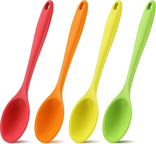 Shappy 4 Pieces Silicone Cooking Spoons 10.6 Inch Heat Resistant Kitchen Spoons for Mixing, Serving and Stirring Upgrade Large Non Stick Basting Utensils, Dishwasher Safe(Spoon,Bright Color) by Shappy