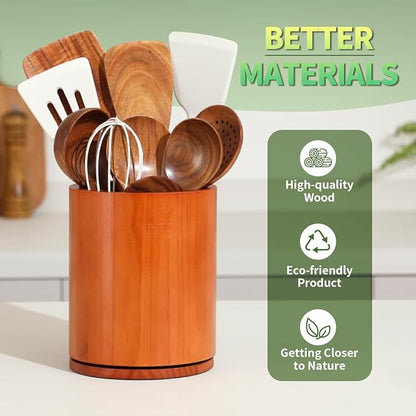 Wooden Utensil Holder, 360°Rotating 7.3'' Large Utensil Holder for Kitchen Counter, Kitchen Utensil Organizer, Utensil Crock, Farmhouse Kitchens Countertop Decor, Cherry-finish - Image 5