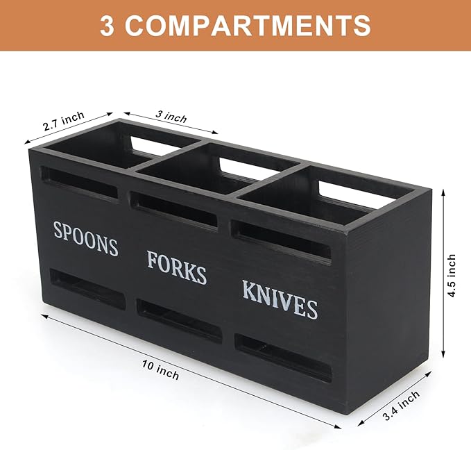 Ayiaren Wooden Silverware Caddy Flatware Cutlery Holder Wood Silverware Organizer Containers Small Black Kitchen Utensil Holder for Countertop Spoon and Fork Holder Flatware Utensils Caddy for Party - Image 7