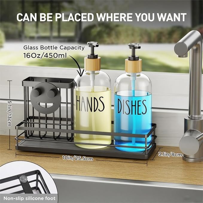 Moforoco Kitchen Dish Soap Dispenser Set, 16OZ Glass Bottle, Hand and Dish Soap Dispenser Set, Instant Dry Tray, Brush Holder with Smiley Face Sponge Holder (Black Tray+Clear Bottle) - Image 4