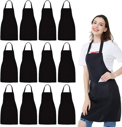 NOBONDO 12 Pack Bib Apron - Unisex Black Apron Bulk with 2 Roomy Pockets Machine Washable for Kitchen Crafting BBQ Drawing by NOBONDO