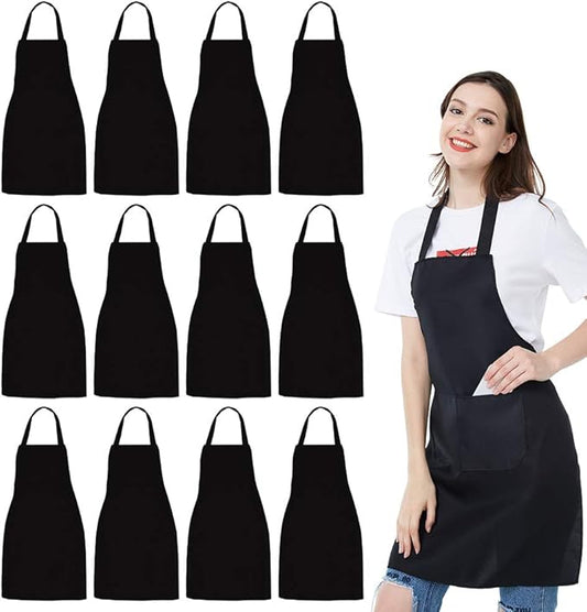 NOBONDO 12 Pack Bib Apron - Unisex Black Apron Bulk with 2 Roomy Pockets Machine Washable for Kitchen Crafting BBQ Drawing by NOBONDO