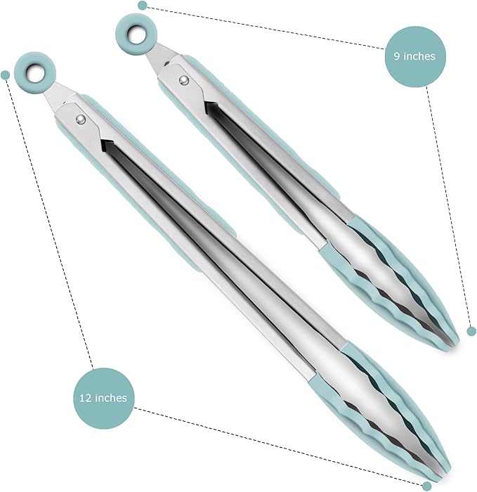2 Pack Silicone Kitchen Tongs – 9" & 12" Set, Heat Resistant up to 500°F, Non‑Stick Cookware Safe, Wavy Silicone Tips, BPA Free, Locking Clip & Hanging Loop, Aqua Sky - Image 3