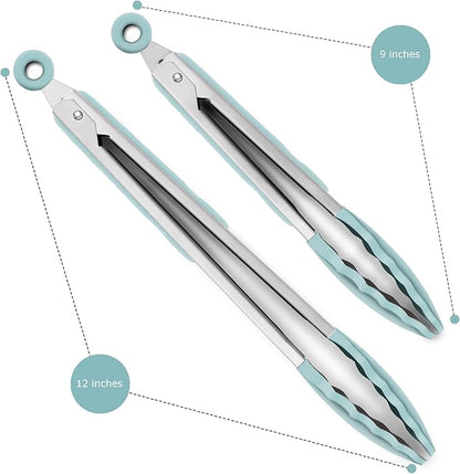 2 Pack Silicone Kitchen Tongs – 9" & 12" Set, Heat Resistant up to 500°F, Non‑Stick Cookware Safe, Wavy Silicone Tips, BPA Free, Locking Clip & Hanging Loop, Aqua Sky - Image 3
