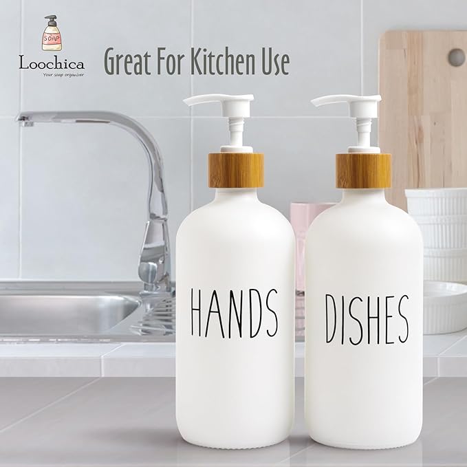 LOOCHICA 2 Pack White Glass Soap Dispenser Set for Kitchen Sink, Hand and Dish Soap, Matte White Finish, Rustic Decor - Image 8