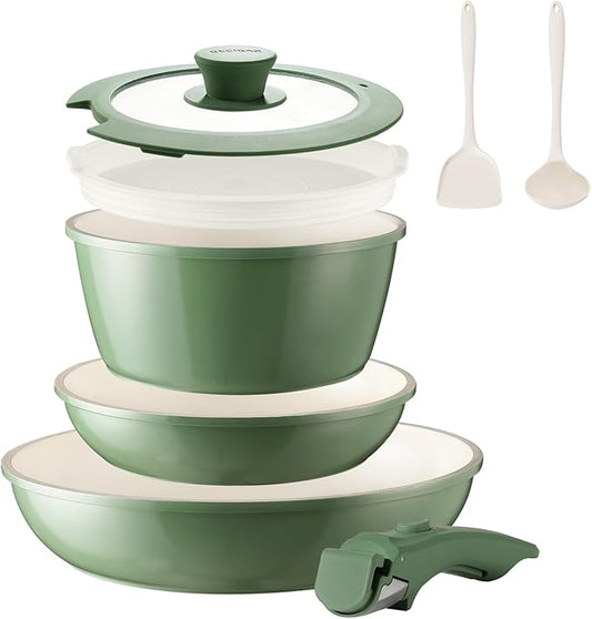 BECIGAR 8PCS Ceramic Cookware,Nonstick Ceramic Pan, Removable Handle Pots and Pans Set, Stackable Set, Nonstick Pan Pots and Pans Set Non Stick pot (Green)