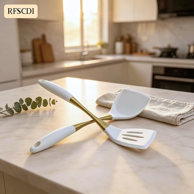 Heat-Resistant Kitchen Spatula Set – Non-Toxic Cooking Utensils with Solid & Slotted Designs –Food Grade Silicone and Gold-Plated Stainless Steel Handles –Ideal for Nonstick Cookware, Gold - Image 2