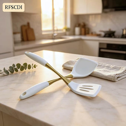 Heat-Resistant Kitchen Spatula Set – Non-Toxic Cooking Utensils with Solid & Slotted Designs –Food Grade Silicone and Gold-Plated Stainless Steel Handles –Ideal for Nonstick Cookware, Gold - Image 2