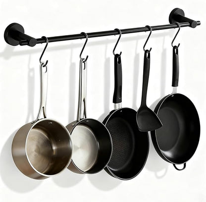 NEWRAIN Pot Rack Wall Mounted, 21 inch Hanging Pot and Pan Hanger, Stainless Steel Kitchen Rail Coffee Mug Rack with 10 S Hooks,Matte Black