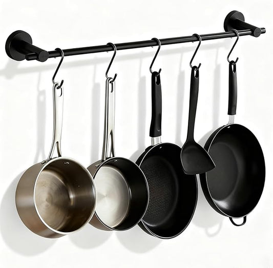 NEWRAIN Pot Rack Wall Mounted, 21 inch Hanging Pot and Pan Hanger, Stainless Steel Kitchen Rail Coffee Mug Rack with 10 S Hooks,Matte Black