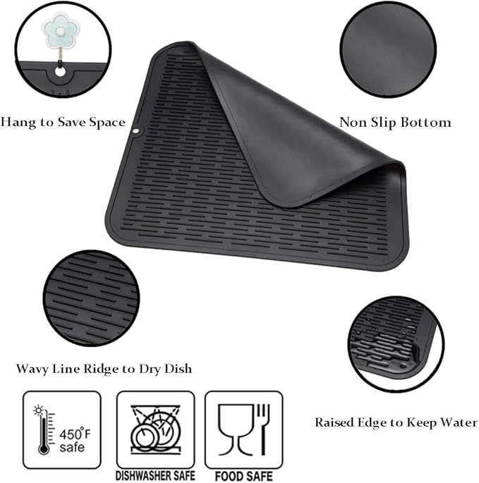ZLR 2 Pcs Large Silicone Dish Drying Mat (16" x 18") - XL Heavy Duty Drainboard Mat for Pots, Pans & Family Loads - Heat Resistant Trivet & Counter Protector, Easy Clean (Black) - Image 4