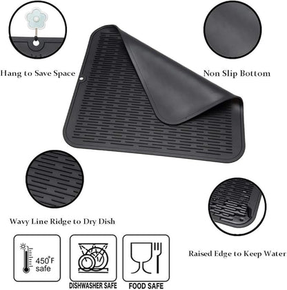 ZLR 2 Pcs Large Silicone Dish Drying Mat (16" x 18") - XL Heavy Duty Drainboard Mat for Pots, Pans & Family Loads - Heat Resistant Trivet & Counter Protector, Easy Clean (Black) - Image 4