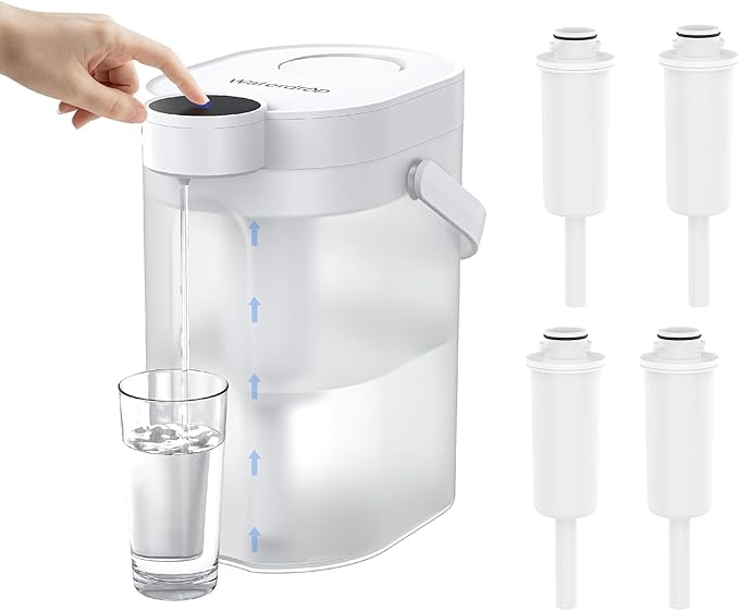Waterdrop ED06W Electric Water Filter Pitcher with 4 Filters, FreshTaste Rechargeable Dispenser, 17-Cup Instant Countertop Purifier, Reduce Chlorine, Lead, Copper, Purify, Soften Water, White