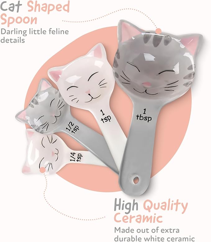 Cat Shaped Ceramic Measuring Spoons - Gift for Any Cat Lover - Cat Ceramic Measuring Spoons Baking Tool - Creative Functional Kitchen Decor - Comes in White and Gray - Set of 4