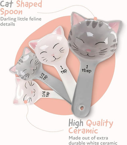Cat Shaped Ceramic Measuring Spoons - Gift for Any Cat Lover - Cat Ceramic Measuring Spoons Baking Tool - Creative Functional Kitchen Decor - Comes in White and Gray - Set of 4