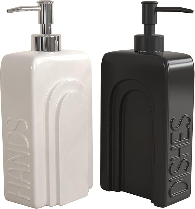 Soap Dispenser Set with Funnel, Non-Slip Silicone Pads, 2 Pack Ceramic Refillable Dish Soap and Hand Soap Dispenser for Kitchen, Bathroom, Matte Black and White - Image 5