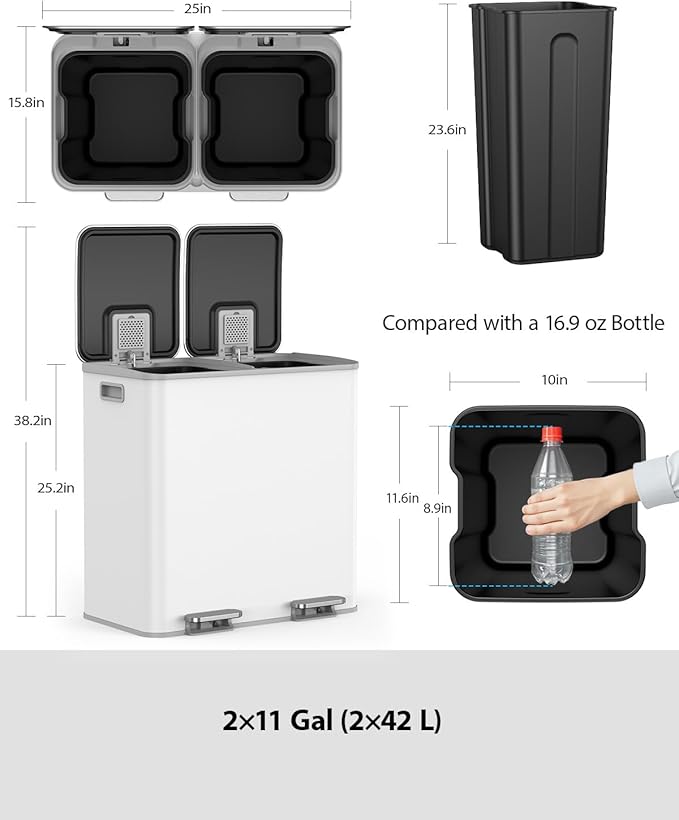 Lovewind Dual Trash and Recycling Bins for Kitchen, 2 * 11-Gallon Stainless Steel Double Trash Can, Step-On Garbage and Recycle Combo, Quiet Close, Pet-Proof, Compatible with 13-Gallon Bags, White - Image 6