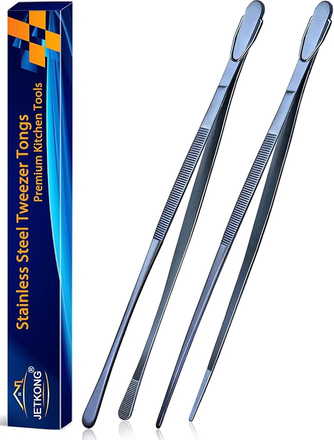 JETKONG 2 Pcs 14-Inch Cooking Tweezer Tongs Extra- Long Stainless Steel Kitchen Tweezers Plating Tongs (Navy Blue) by JETKONG