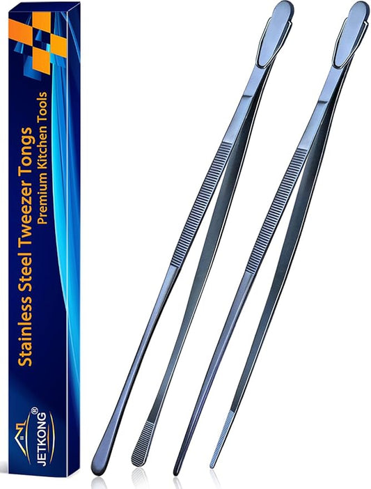 JETKONG 2 Pcs 14-Inch Cooking Tweezer Tongs Extra- Long Stainless Steel Kitchen Tweezers Plating Tongs (Navy Blue) by JETKONG