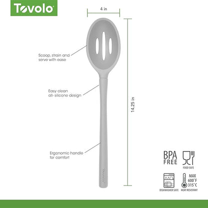 Tovolo Flex Core Silicone Slotted Deep Spoon for Cooking Mixing Baking, Dishwasher Safe BPA Free All Silicone Kitchen Spoon Utensil Heat Resistant Nonstick Safe Slotted Serving Spoon, Oyster Gray