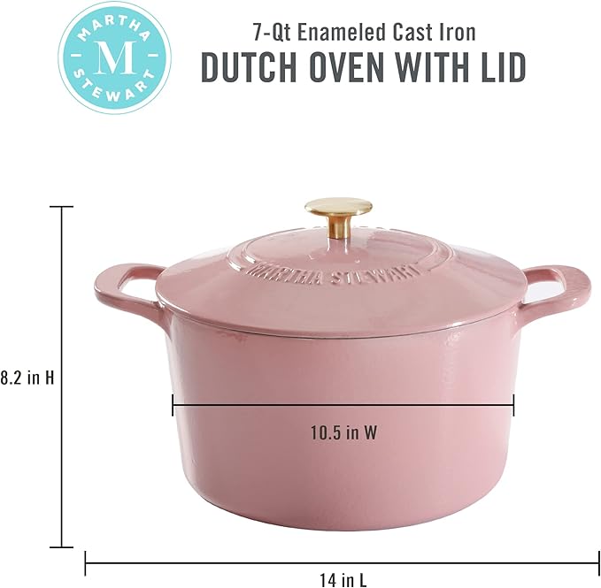 MARTHA STEWART Gatwick 7-Quart Enamel Cast Iron Dutch Oven Pot with Lid – Pink – Heavy-Duty Dutch Oven for Slow Cooking, Braising & Baking - Image 2