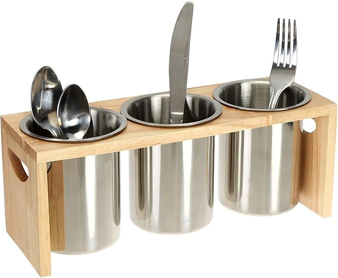 ZOOFOX 3 Pack Silverware Holder, Stainless Steel Utensil Organizer with Wood Base, Flatware Caddy for Spoons, Knives and Forks, Great for Kitchen Table, Cabinet, Pantry by zoofox