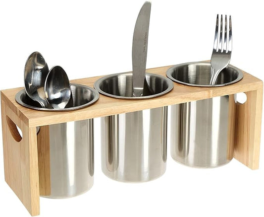 ZOOFOX 3 Pack Silverware Holder, Stainless Steel Utensil Organizer with Wood Base, Flatware Caddy for Spoons, Knives and Forks, Great for Kitchen Table, Cabinet, Pantry by zoofox