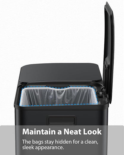 Dual Trash and Recycling Bins for Kitchen, 2×13 Gallon (2× 50L) Stainless Steel Trash and Recycle Bin Combo with Soft-Close Lid, Large Garbage Cans for Kitchen Home with 2 Magnets Sticker, Black