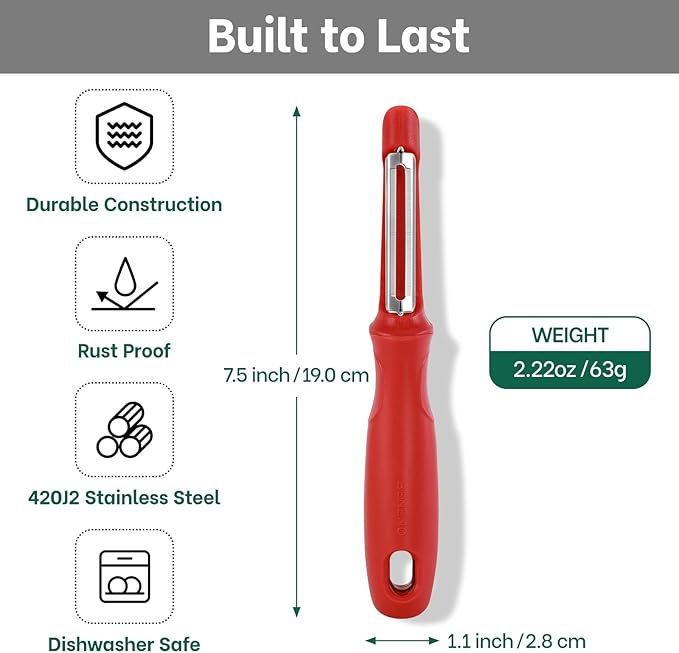 Beneno Swivel Vegetable Peeler, Razor-Sharp Smooth Peeling Potato Peelers with Stainless Steel Blades, Ergonomic Comfort Non-Slip Rubber Handle, Durable Kitchen Peelers with Potato Eye Remover, Red - Image 2