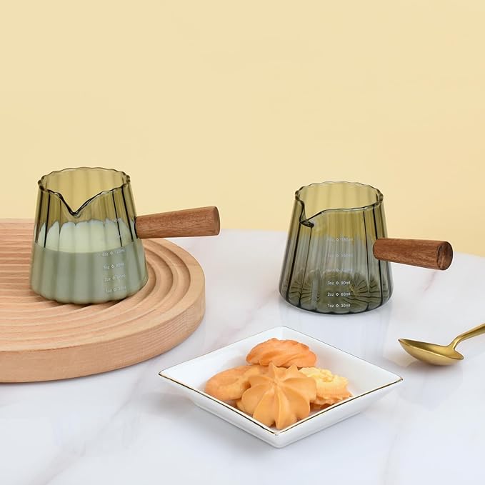2Pcs Glass Measuring Cup, 6oz Creamer Pitcher with Wood Handle, Creative Milk Frothing Pitcher Creamer Shot Glass (2-Gray)