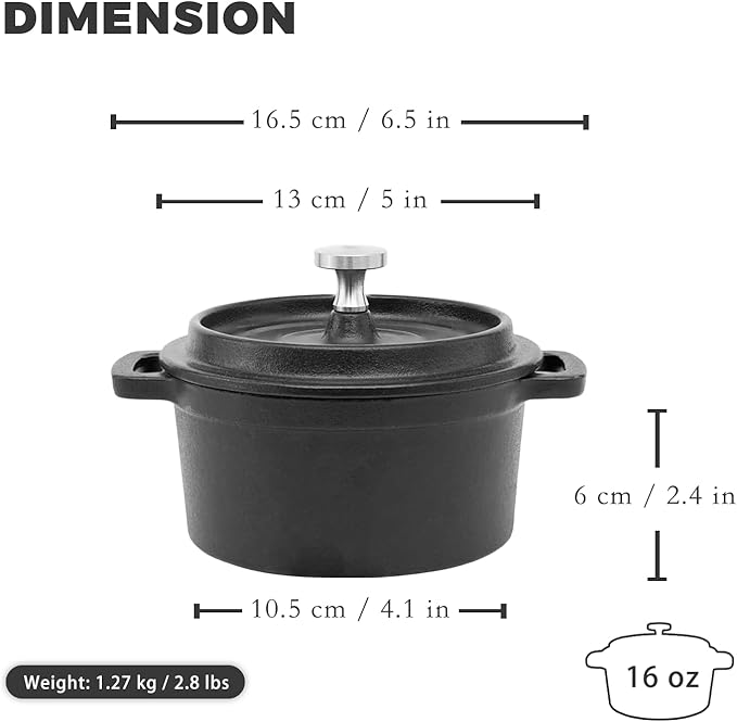Flavehc Mini Cocotte 16 oz Pre-Seasoned Mini Dutch Oven 0.5 qt. Cast Iron Garlic Roaster for Oven Garlic Confit Pot Ramekins with Lids Oven Safe Set of 2