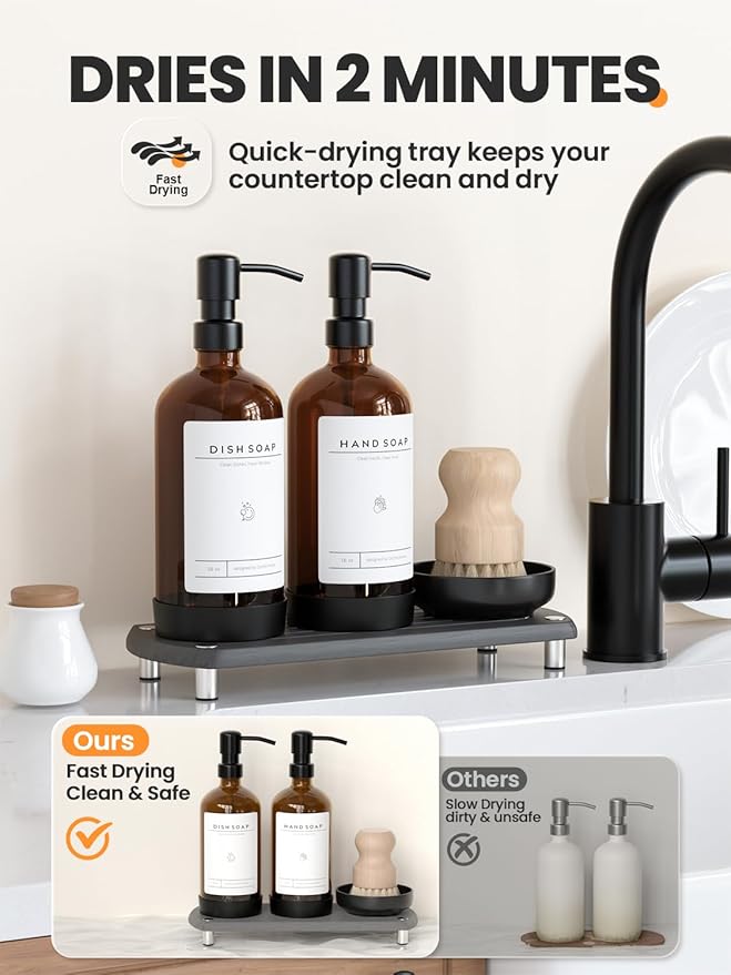 [Luxury] Kitchen Soap Dispenser Set - 16OZ Amber Glass Bottle, Stainless Steel Pump, Instant Dry Tray, Waterproof Labels, Non-Slip Silicone Pad, and Dish Brush | Upgrade for Your Kitchen and Bathroom - Image 2