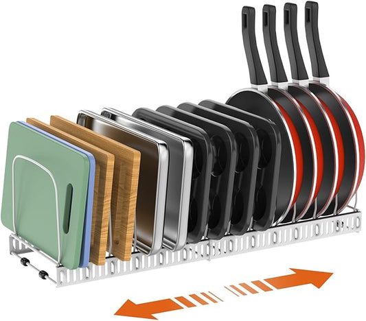 Housolution Cutting Board Organizer Rack, Expandable Baking Tray and Cookie Sheet Organizer with 14 Adjustable Dividers, Bakeware Muffin Tin Cupcake Pan Storage Organizer for Cabinet, White by Housolution